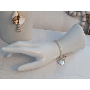 Cute Vintage 1980s 7" Silver-Tone Cable Chain Tiny Garnet Heart Charm Bracelet